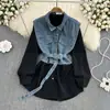 Outono e Inverno de 2023 Novo Retrô Estilo de Hong Kong elegante Vestido Camisa de Botão Único macacão de costura jeans de botão único em linha A