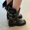 Versión de Piel de Vaca ~ Hebilla de Cinturón Piel Genuina Botas Negras para Mujer, Cuadrado de Dos Usos Punta Cuadrada Botas de Media Caña Suela Gruesa Botas de Jinete Ajustadas