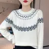 Suéter Tricô Jacquard 2025 Outono/Inverno Novo Pulôver Emagrecedor Feminino Casual Outerwear Base Top