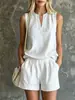 Conjunto Casual de Dos Piezas con Shorts 2026 Algodón y Lino Estilo Cuello V Vacaciones Estilo Nuevo Europeo y Americano Top sin Mangas Traje de Verano para Mujer