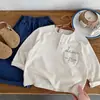 Camiseta Infantil com Bolso Outono Roupas Meninos Bonitos Estilo Coreano Desenho Animado Manga Longa Bebê Criança Pequena Estampa de Desenho Animado Camisa Base