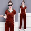 Verano 2022 Nuevo Top de Terciopelo Dorado con Cuello en V y Manga Corta para Mujer, Ropa Casual, Pantalones de Pierna Ancha, Traje Deportivo de Dos Piezas