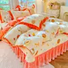 Juego de Colcha de Terciopelo de Leche de Cuatro Piezas Funda de Edredón de Encaje de Invierno Felpa Gruesa de Doble Cara Coral Franela Ropa de Cama