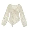 Camiseta de protección solar de malla transparente de manga larga para mujer, camisa de verano para aire acondicionado, estilo delicado con estampado floral, blusa de punto ajustada