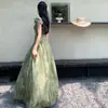 Vestido Verde Estilo Francés con Tirantes Finos y Mangas Cortas Volantes, Gasa, Cintura Hermosamente Ceñida, Vestido Largo Floral para Fiesta, Color de la Foto, Corte Ajustado