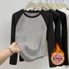 Top interior térmico de doble cara para mujer para otoño e invierno, cálido, con bloques de color, manga larga raglán, con diseño en el dobladillo en negro, gris café, azul y amarillo