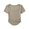 Camiseta de manga corta de color liso con cuello cuadrado, dobladillo curvo y plisado lateral, estilo europeo y americano, para verano de 2024