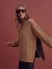 Suéter de punto de cable estilo comercio exterior vintage con cuello semi-alto en color camel con detalles en marrón oscuro, suave y holgado, suéter versátil para mujer