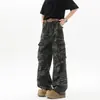 Calça Jeans de Trabalho Camuflada Estilo Americano para Homens, Primavera e Outono, Bolsos Grandes, Perna Larga, Corte Reto, Modelagem Solta, Bainha Curva Longa