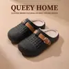 Pantuflas de Algodón Impermeables de Cuero con Puntera para Mujer, Hebilla Retro de Cuero, Antideslizantes para el Hogar en Interiores, Zapatos de Algodón Cálidos con Felpa