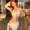 Nuevo traje de baño sexy de cuatro piezas dividido para mujer, que cubre el abdomen, adelgazante, para pecho pequeño, push up, bikini conservador, traje de baño para aguas termales