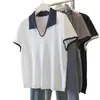Camiseta de punto de manga corta con cuello polo de color block estilo coreano, sensación de alta gama para verano, holgada y estilizada, top casual de moda para mujer