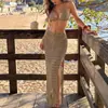Saia Meia Praia Estilo Resort Europeu e Americano Fenda Lateral Franjas Puro Desejo Tricô Vazado Slim Fit Cordão Saia Envolvente no Quadril