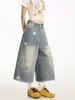 Calça Jeans Wide Leg Estampada de Estrela Retro Americana Transfronteiriça para Homens, Novo Estilo de Verão, Lavada e Desgastada, Calça Cropped de Caimento Solto