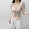 Camiseta de manga larga de dos piezas con costuras de encaje entalladas de estilo americano para mujer 2024 Nueva blusa elegante que favorece la figura
