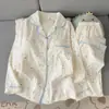 Pijama de Algodão Nuvem para Primavera e Outono Feminino, Conjunto Minimalista com Gola de Renda, Xadrez Azul Claro, Modelagem Solta, Tamanho Grande, Calça de Manga Longa, Roupa de Casa