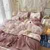 Conjunto de cama de quatro peças em gaze dupla camada Classe A, algodão puro lavado, lençol de cama novo estilo pastoral, capa de edredom, conjunto de três peças para dormitório 4