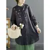 Blusa bordada de algodão e linho estilo chinês, nova coleção de verão feminina, corte solto, mangas de três quartos, gola mandarim, comprimento médio