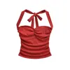 Estilo Pura Sexy Design de Garota Gostosa Alça de Pescoço Plissada Amarração Camisola Curta Verão Slim Fit Camisa Base Sexy para Mulheres
