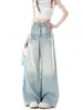 Pantalones de mezclilla azul claro estilo vintage para mujer, nueva colección de verano, corte holgado, pierna recta, diseño de pierna ancha, efecto adelgazante, versátiles y de largo completo.