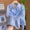 Jaqueta Camisa com Proteção Solar Fina Tie-Dye Tinta Lavada para Mulheres 2026 Verão Nova Gola Polo Azul Outerwear Top Tendência