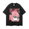 Camiseta corta de manga corta lavada con efecto desgastado de estilo urbano americano con estampado de personaje de anime, manga corta estilo urbano oversized