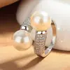 Anillo de Doble Perla de Lujo Ligero de Nicho para Mujer, Diseño de Alta Gama Microincrustado, Elegante Personalizado, Anillo Abierto para Dedo Índice, Nuevo Estilo de Moda