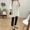 Algodón Suave Lavado Color Sólido Largo Medio Cuello Redondo Manga Corta Camiseta para Mujer Talla Grande Estilo Coreano Holgada Adelgazante Top Casual para Verano