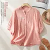 Camisa artística de gaze dupla, estilo novo verão 2026, para mães, cardigã, manga curta, modelagem solta, blusa de manga média, estilo chinês, para mulheres baixinhas