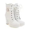 Moda 2026 Botas Martin de Tacón Alto y Corte Bajo Tacón Grueso Nuevo Cierre de Cordones y Hebilla Talla Grande 40 Botas Blancas para Mujer