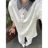 Camisa Polo com Falso Duas Peças em Xadrez Costurado Manga Curta Masculina Verão Estilo Preppy Gola Camisa Camiseta Retrô Americano Meia Manga