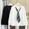 100 kg Otoño Temprano Estilo Nuevo para Mujeres de Tallas Grandes: Elegante Top de Manga Larga con Corbata Bufanda de Cuello en V, Sudadera de Nicho Talla Grande para Mujer 8051
