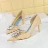 6168-Ak50 Moda Coreana Banquete Zapatos de Mujer Tacón de Aguja Tacones Altos Tela Boca Baja Punta Fina Hebilla de Metal con Pedrería Planos