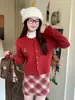 Cardigã de Tricô Vermelho Feminino Outono/Inverno Sensação Roupa de Ano Novo Sensação Ursinho Estilo College Top Tamanho Único Cor Sólida