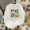 Camiseta de manga larga moderna, estilo holgado y casual, top que cubre el abdomen, estampado de dibujos animados versátil para el verano, cuello redondo casual talla grande