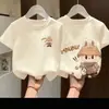 Camiseta Infantil de Algodão Puro Manga Curta 2026 Verão Mais Vendida Estampa Cartoon Estilo Coreano Bebê Gola Redonda Camiseta Básica para Meninos e Meninas