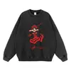 Moletom com estampa de anime, estilo retrô americano, acabamento lavado e desgastado, preto, corte solto, oversized, moletom casual estilo anime