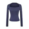 Camiseta de Manga Comprida com Decote Quadrado Cobrindo os Ombros Estilo Europeu e Americano Pura Luxúria Sexy Cintura Marcada Top Curto Camisa Fashion Versátil para Sobreposição