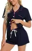 Toma Real de Nuevo Conjunto de Pijama Cardigan de Estilo Europeo y Americano Transfronterizo, Conjunto Casual de Ropa de Casa para Mujer con Solapa, Conjunto de Dos Piezas con Pantalones Cortos y Manga Corta
