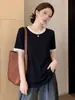 Camiseta de manga corta estilo vintage francés con retazos de encaje, imitación de dos piezas, para mujer, top de moda de verano talla grande para un look estilizado y elegante