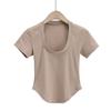 Camiseta de verano estilo americano con escote en U, manga corta, ajustada y sexy, con dobladillo curvo.