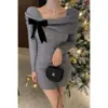 Conjunto Rojo Coreano Petite para Navidad y Año Nuevo Vestido de Punto con Lazo de Alto Gama para Mujer Otoño e Invierno