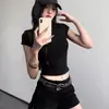 Camiseta de Algodón Puro de Alta Calidad con Hombro Recto Color Rojo Vino Manga Corta para Mujer Verano Ajustada Dulce Picante Delgado Chica Picante Top Americano