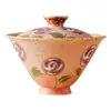 Tazón de té Gaiwan de cerámica individual con tapa, azul y blanco, ágata roja, diseño minimalista del fabricante, juego de té Kung Fu con rosa dorada pintada a mano
