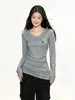Camiseta de manga larga de cuello en V, hombro normal, capa base cálida para mujer, nuevo estilo primavera y otoño, casual versátil, corte ajustado, top favorecedor, camiseta interior