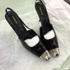Zapatos de tacón alto para mujer, nuevo estilo primavera 2026, zapatos negros de charol con puntera de hierro para mujer, tacón fino, antideslizantes, puntera cuadrada pequeña, sandalias cerradas para mujer