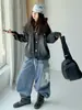 Conjunto de Tres Piezas para Niñas Otoño Nuevo Estilo Estilo Americano Sudadera con Capucha Chaqueta de Mezclilla Pantalones de Trabajo Rayados Estudiante de Secundaria Pantalones de Pierna Ancha Chaqueta