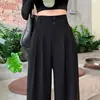Calça de alfaiataria feminina de perna larga para primavera, outono e verão 2026, nova, slim fit, cintura alta, elegante e fluida, de perna reta preta