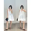 ¡Suave Primer Amor! Vestido de Encaje sin Mangas con Cuello en V Estilo Francés con Tirantes Finos, de Corte Holgado, Adelgazante y Sensación Relajada