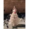 Vestido largo de verano sexy estilo vacacional con cuello halter, capas florales y shorts incorporados para mujer